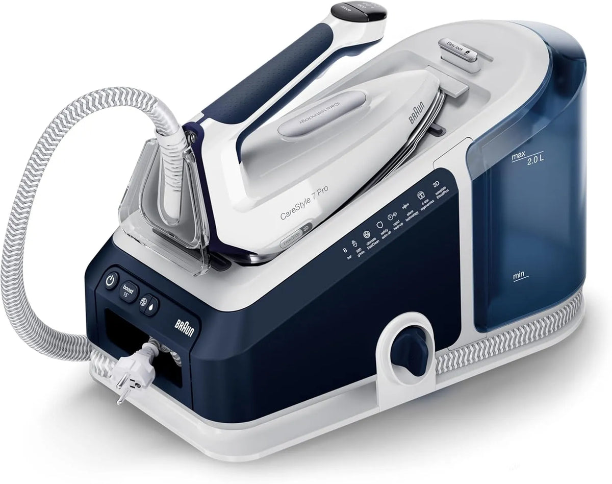 Braun CareStyle 7 Pro Dampfbügelstation IS 7282 BL, abnehmbarer 2 L Wassertank, Dampfstoß 600 g, iCare-Funktion, Weiß, 2700 Watt, min, Blau