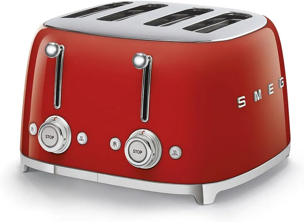 Smeg Modell TSF03RDEU, 4 Fächer für 4 Scheiben, 2 Krümelbehälter, Abtau- und Bagel- Funktion, Rot, Toast 4x4, 6 Stufen vergoldet, Leistung 2000W
