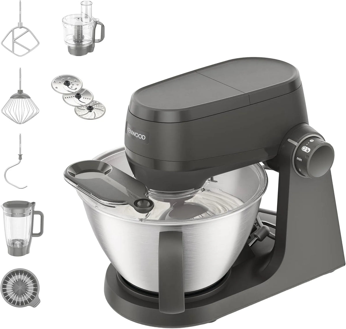 Kenwood Küchenmaschine 7Stufen KHC30.050GY, Leistung 1000W, 44% leiser*, Fassungsvermögen 4,3l Schüssel, Gewicht 1,7kg Teig, Multi Tasker, Zubehörfach