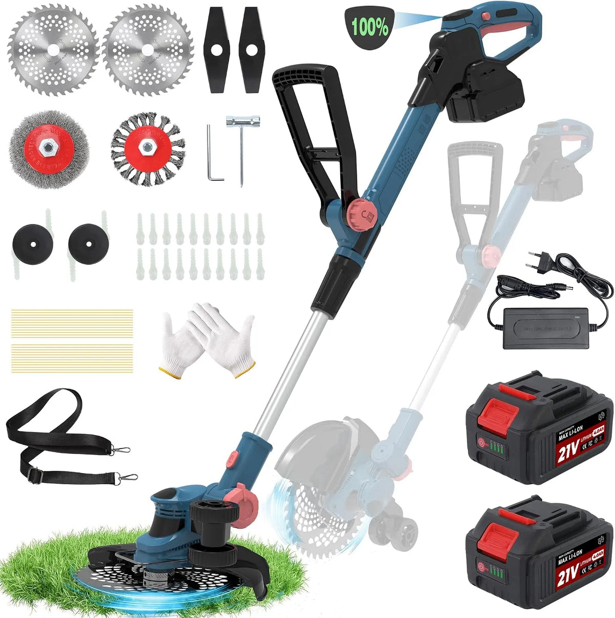 Makita Rasentrimmer 2X4.0Ah, akkubetrieben 21V, inklusive Akku & Ladegerät,750W Bürstenloser Motor-Light Blue, Akku für Akku