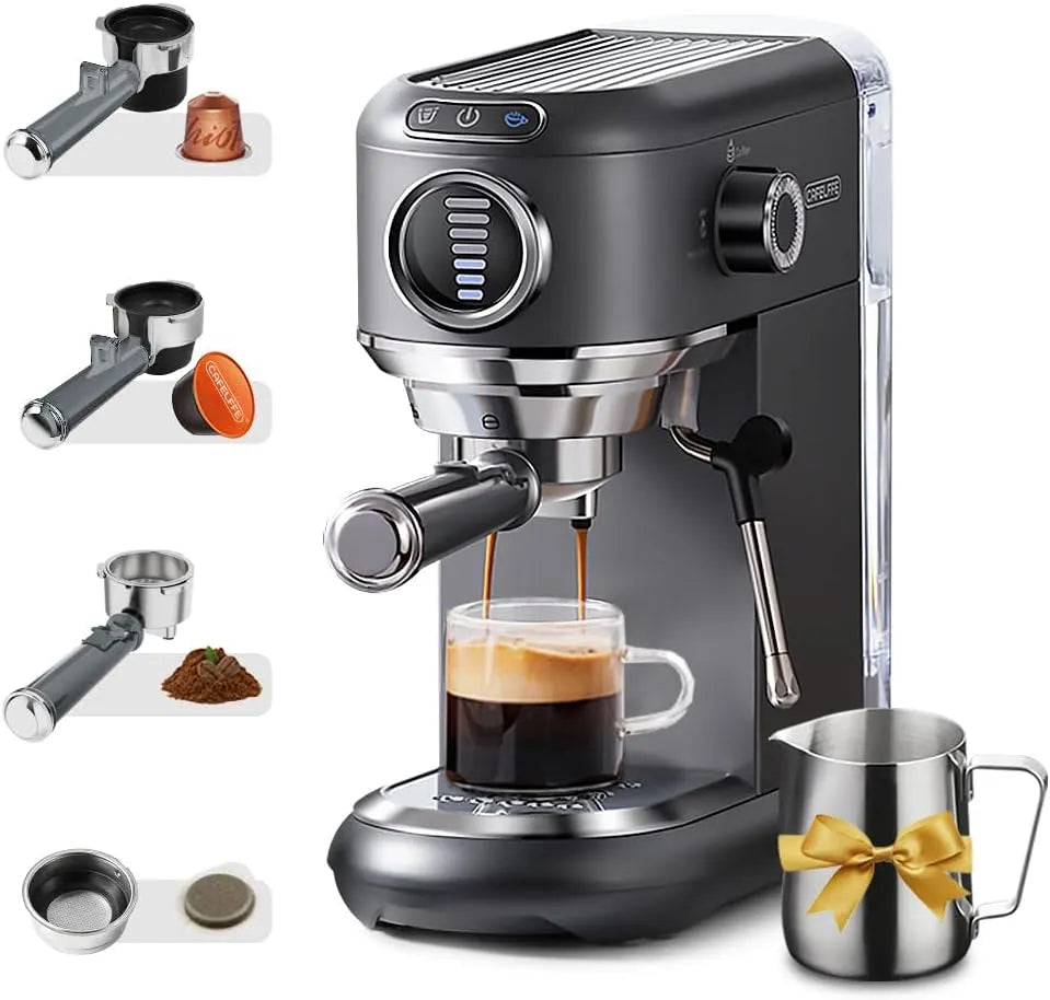 Espressomaschine CAFELFFE, mit Milchaufschäumer, Für Nes*- und DG*-Kapseln, Farbe Grau, 7-stufige Kaffeemengenauswahl, ESE-Pads und Kaffeesatz