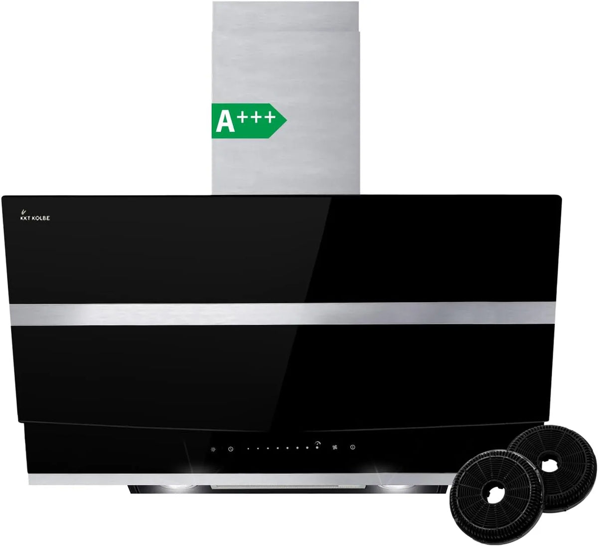 Dunstabzugshaube HERMES8005S KKT KOLBE A+++, 80 cm Kopffreie Wandhaube Edelstahl schwarzes Glas Nachlaufautomatik LED-Beleuchtung