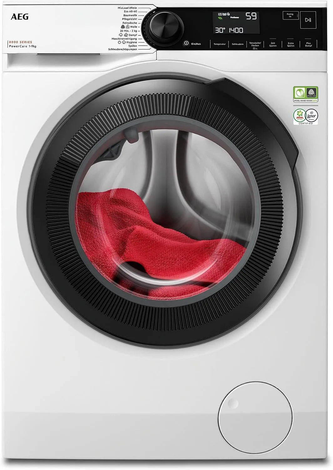 AEG Waschmaschine 8000 A-10 1400, Gewicht 9kg Serie PowerCare, Faserschonend Sauber in nur 59 Min. bei 30°C, LR8AMZ49FL, Dampf-Programm, Wasserstopp U