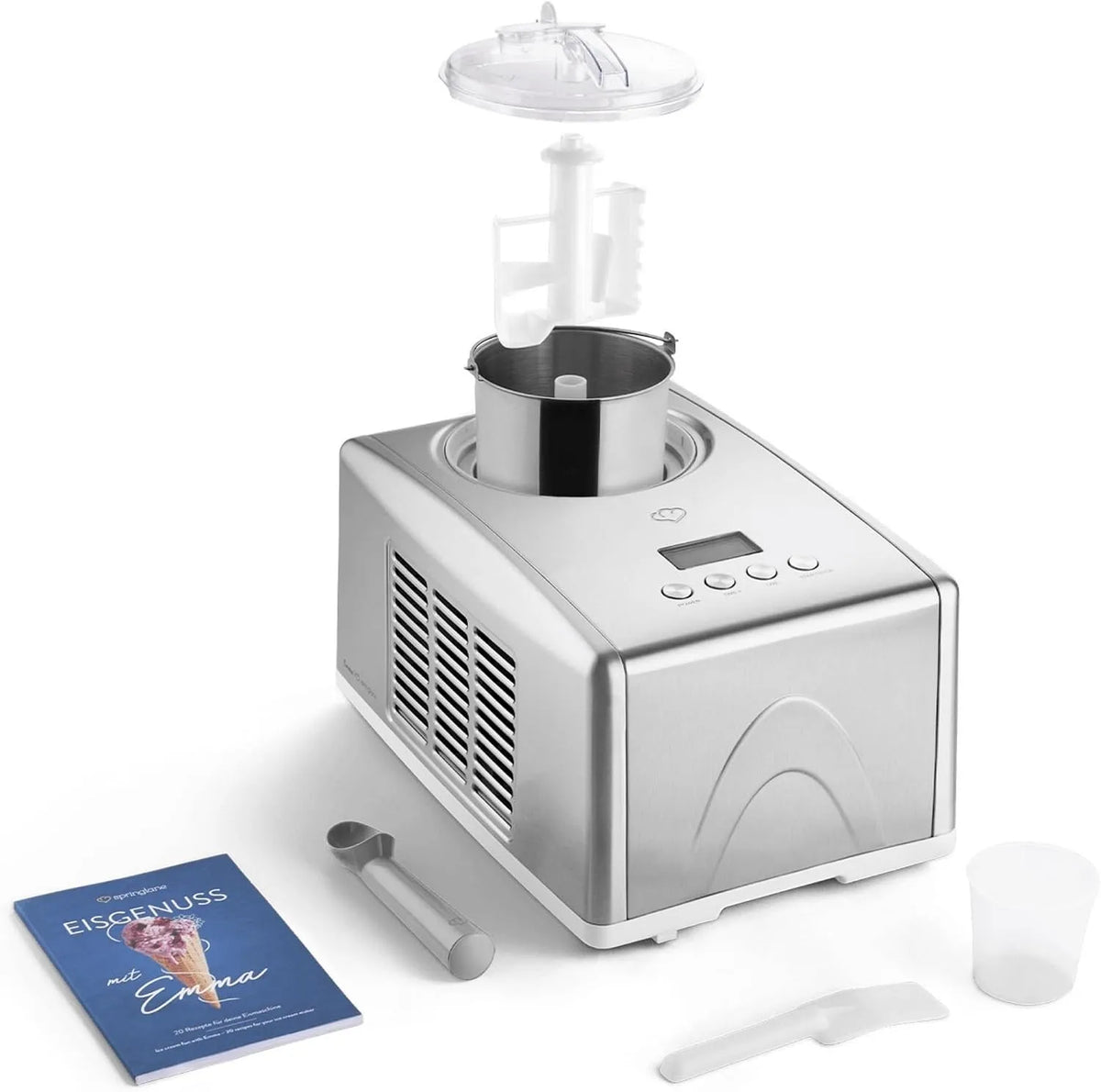 Eismaschine SPRINGLANE, Emma 1,5 L mit selbstkühlendem Kompressor 150 W, aus Edelstahl mit entnehmbarem Eisbehälter, inklusive. Rezeptheft, Silber