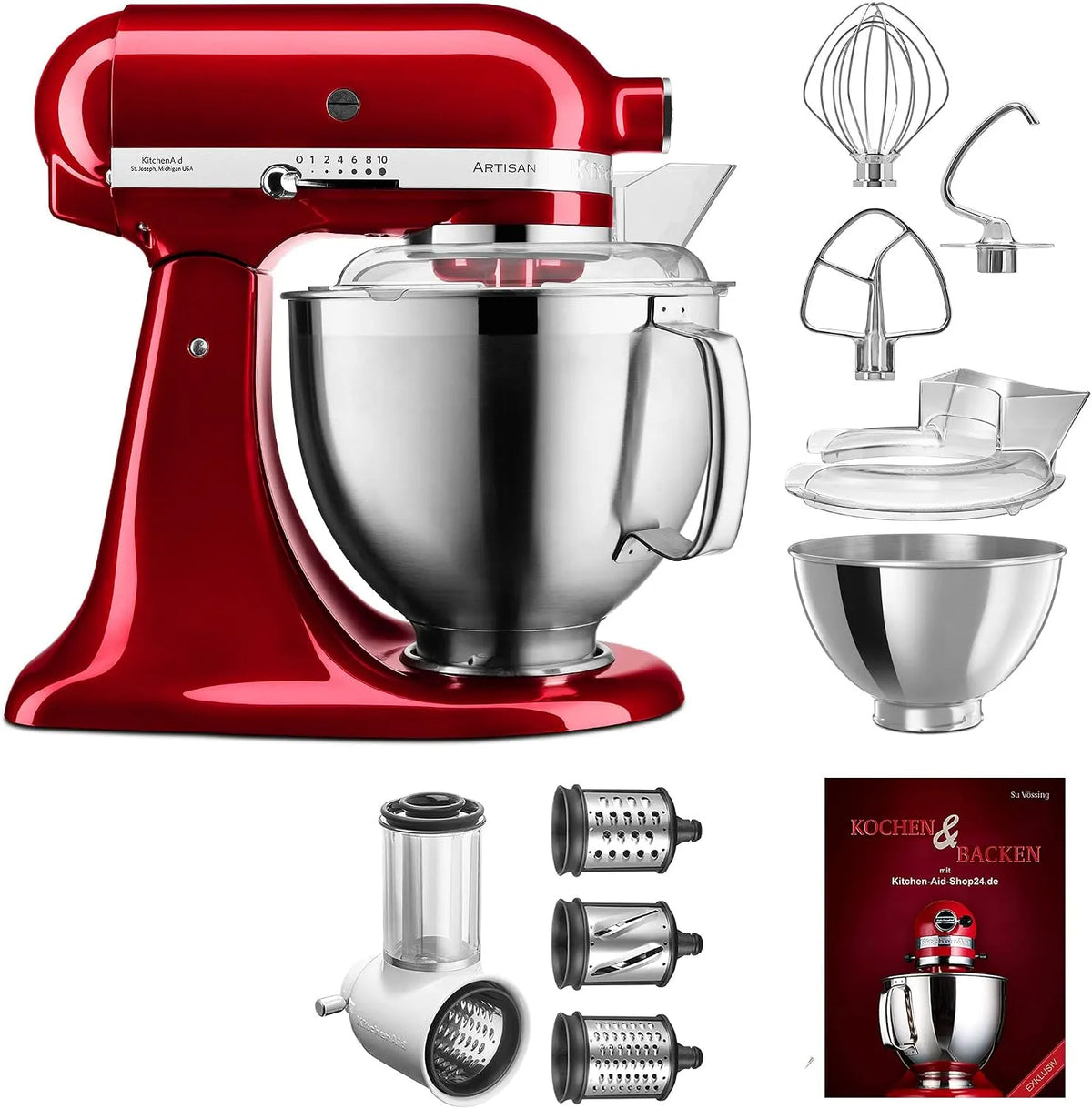 KitchenAid Küchenmaschine P26 185er 5KSM185PSEPH, Artisan, GemüsNeu, und Kochbuch, liebesapfelrot, 5KSMVSA, Starter Set, inklusive. Gemüseschneider
