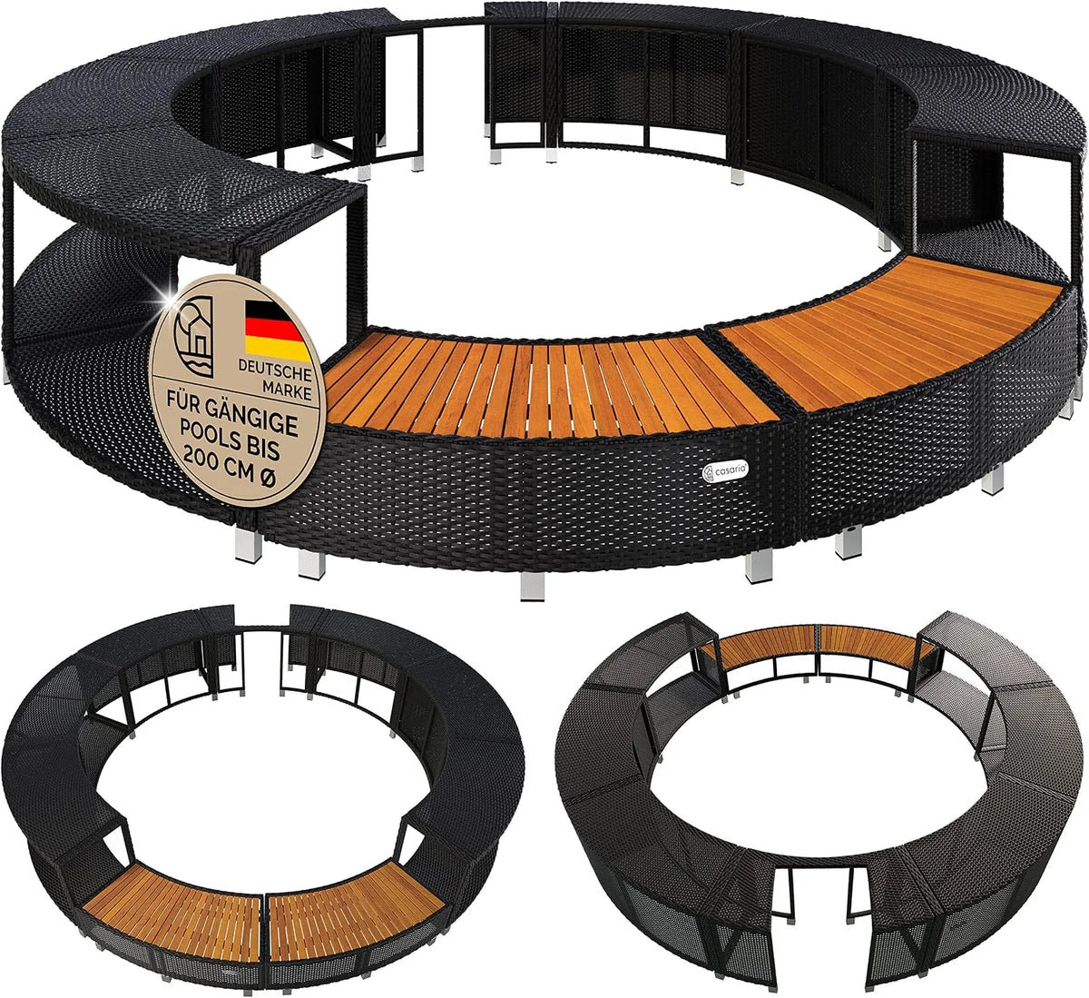 Whirlpool, Casaria Luxus Verkleidung Polyrattan Innen Ø 206 cm Einstieg aus FSC-zertifiziertem Eukalyptus-Hartholz verzinkter Stahl Umrandung