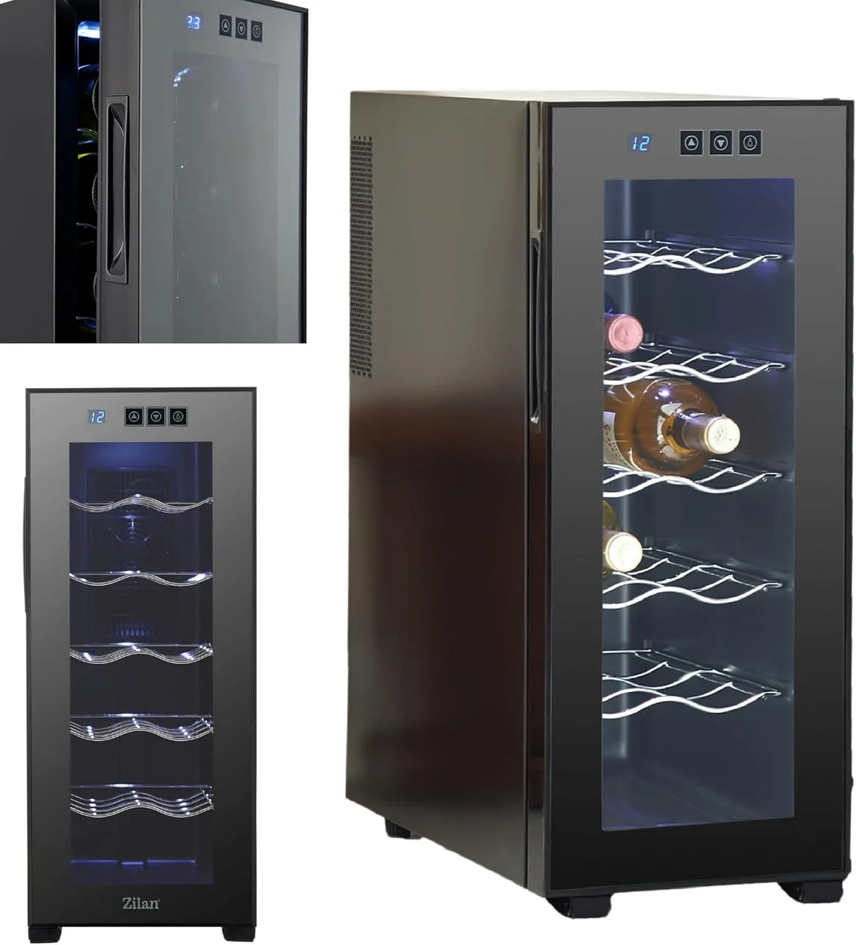 Kühlschrank, 12 Flaschen, leiser Betrieb <27 dB, Fassungsvermögen 33 Liter, Edelstahl Getränkekühlschrank Mini Minibar mit UV-Glastür