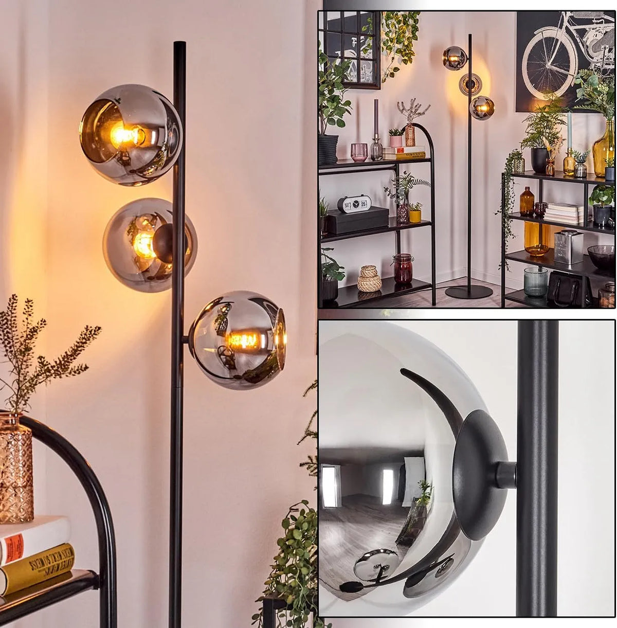 Koyoto Modell E14 HOFSTEIN Stehleuchte, Ø 15 cm, Breite 160 cm, Stehlampe aus Metall, Chrom, Rauch, Leuchte im Vintage-Design mit Glasschirmen