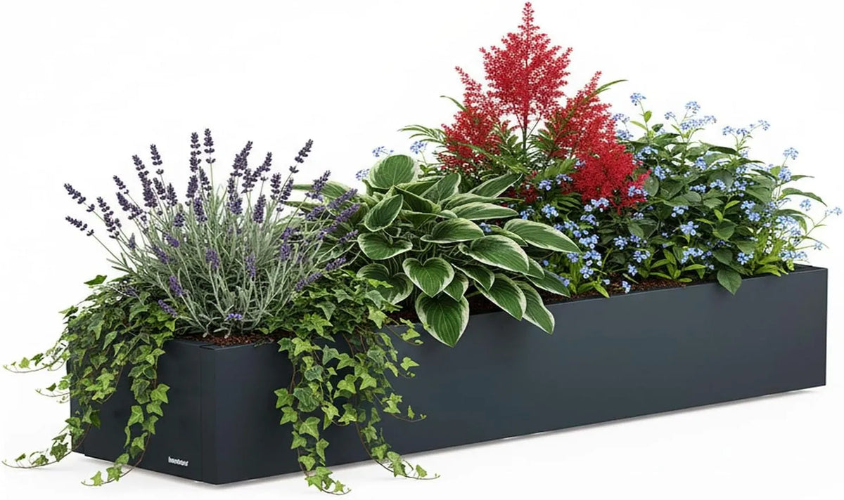 Pflanzkübel Cube anthrazit herstera Garden, Pantone 6C, pulverbeschichteter Stahl, Indoor & Outdoor, justierbare Füße, Maße 150x40x25 cm, wetterfest