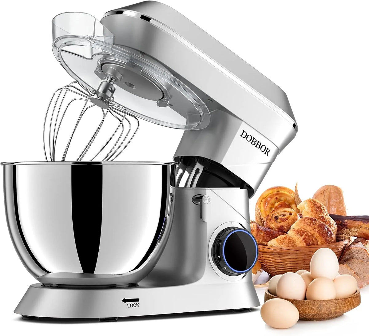 Küchenmaschine, 7 Geschwindigkeit Planetarisches Rührsystem, Knethaken, Spritzschutz, zilver, Fassungsvermögen 9.5L Knetmaschine 1500W, Schlagbesen