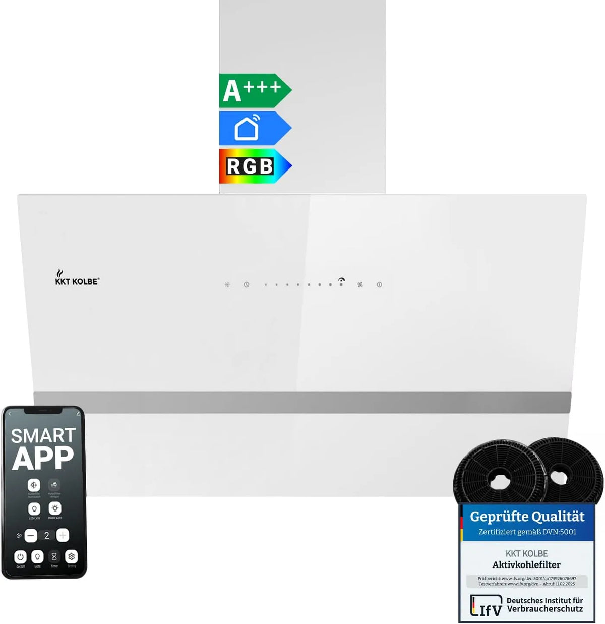 Dunstabzugshaube EASY8005WM KKT KOLBE, Breite 80 cm, 782 cbm, Smart WiFi App WLAN, h Umluft Abluft, Kopffrei, Wandhaube, Weiß Glas