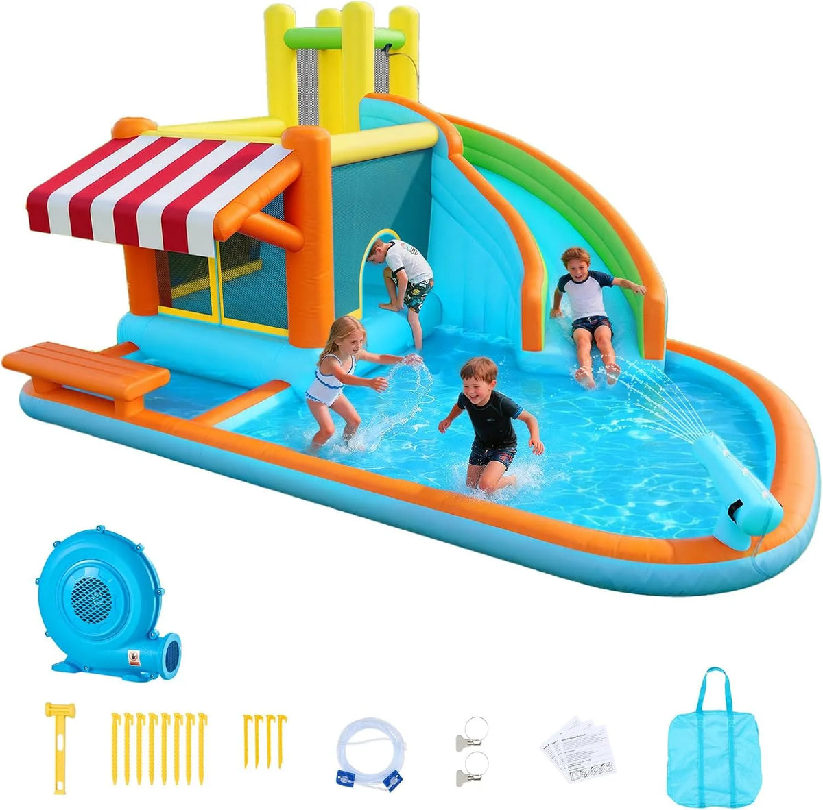 Vevor Aufblasbare Wasserhüpfburg Outdoor, Maße 455 x 390 x 238 cm, für 3–4 Kinder, 3 bis 8 Jahre Alt, Hoher Rutsche, Planschbecken, Spielmarktstand