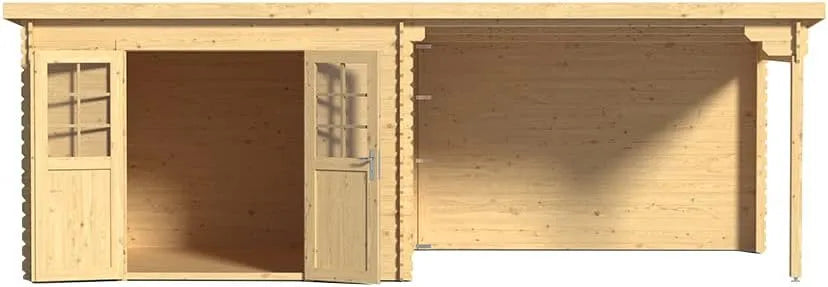 Gartenhaus Holz CA2977, Wandstärke 28 mm, B x T x H: 596 x 298 x 204 cm, Mit 3 m Anbau, Blockbohlenhaus, Naturbelassen, Pultdach