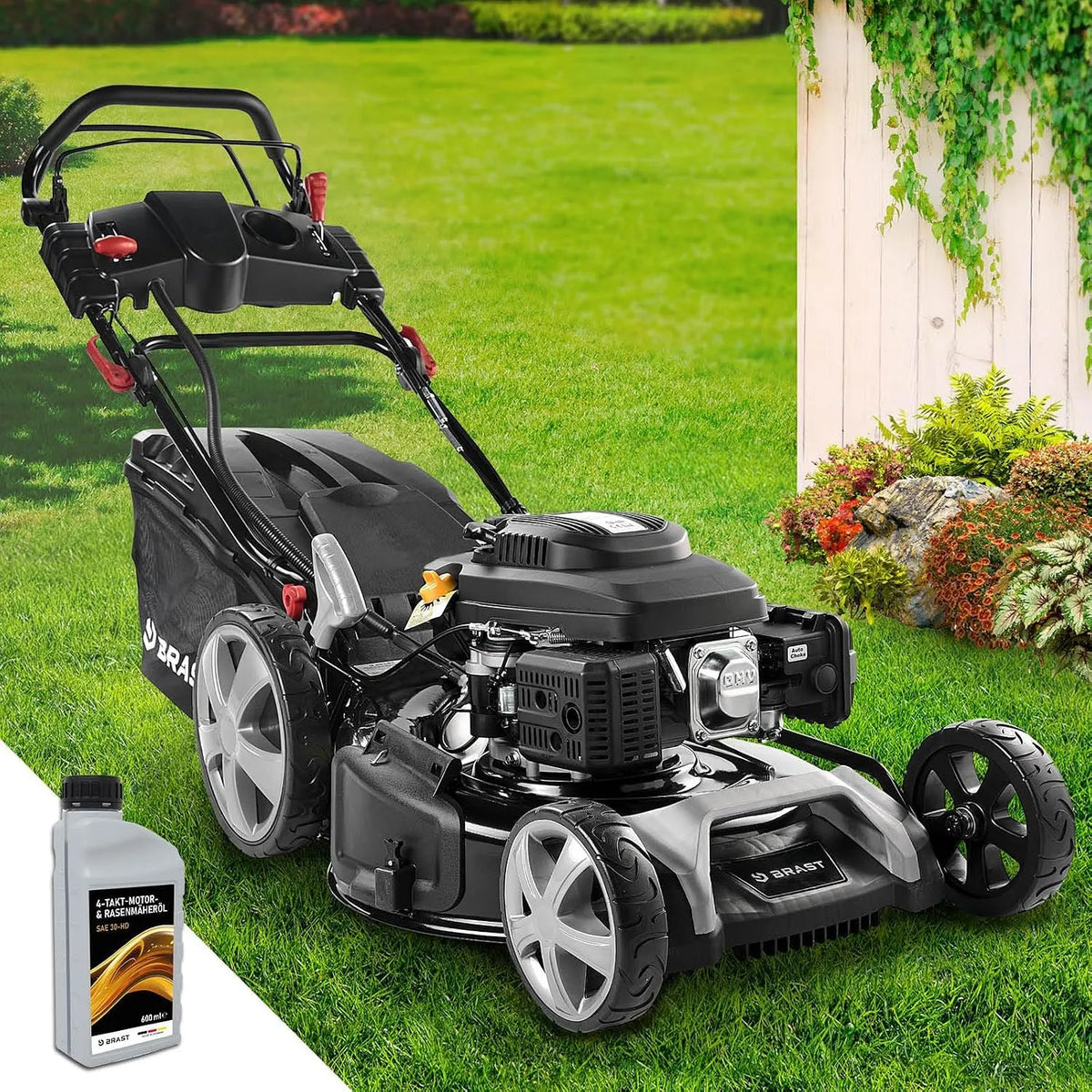 Rasenmäher 7PS 30-80mm BRAST Benzin, 4 Takt OHV Motor, Leistung 5,2kW, 55cm Schnittbreite, Fassungsvermögen 60L Fangkorb, mit Antrieb, TÜV