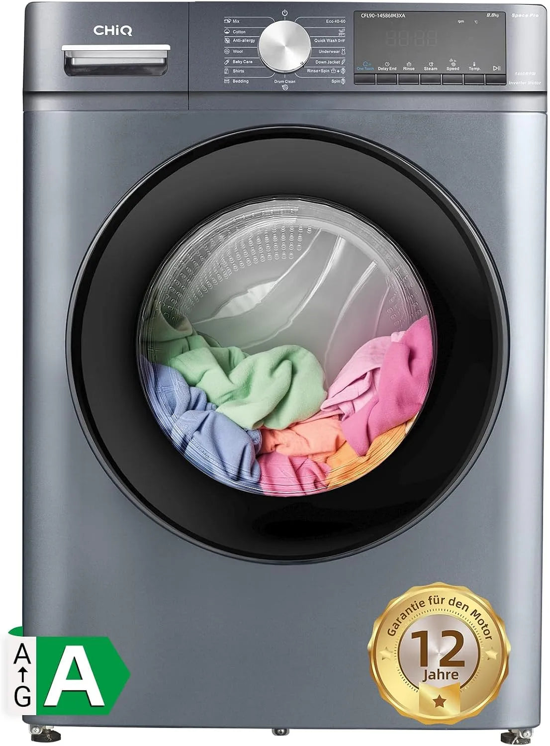 Waschmaschine 1400 CFL90-14586IM3XA CHiQ, Frontbeladung 9 kg, Inverter｜ 600 x 577 x 847 mm, ｜16 Betriebsprogramme, große Trommel U, min, B x T x H
