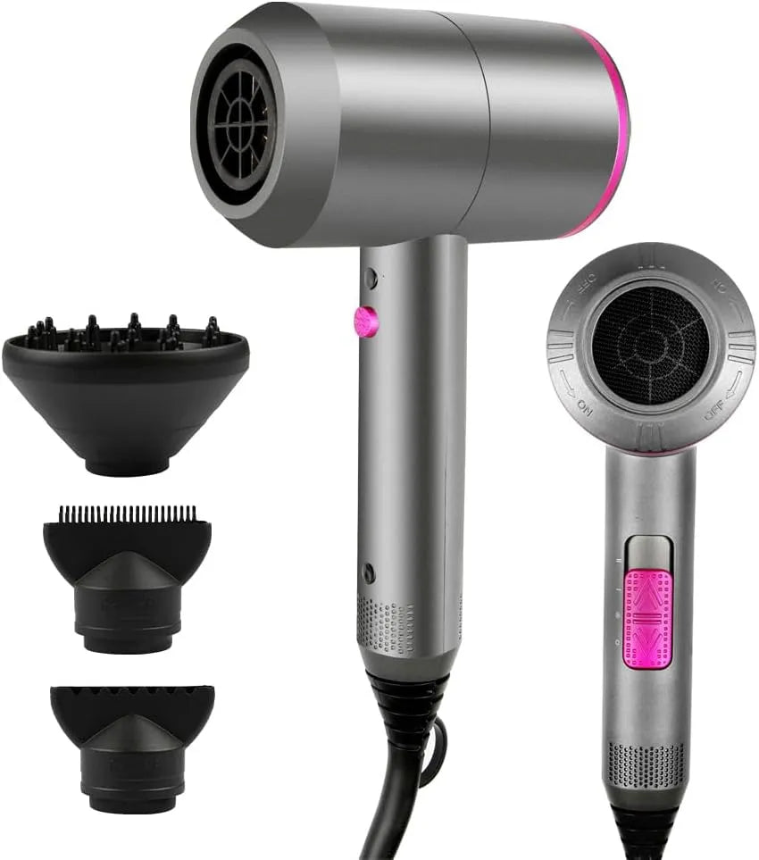 Haartrockner AC-Motor Haartrockner Ionen Föhn, Fön mit 3 Temperaturstufen, 3 Stylingdüsen & Diffusor, Farbe Grau, 2 Gebläsestufen