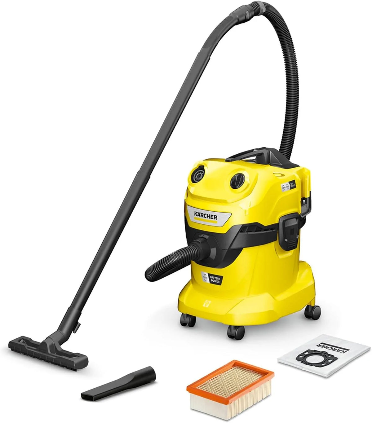 Karcher Nass-/Trockensauger 36-V-Motor 18-V-Akkus, Kunststoffbehälter: 20 l, Blasfunktion, Vliesfilterbeutel, ohne Akku, Akku WD 4-18 Dual, Bodendüse