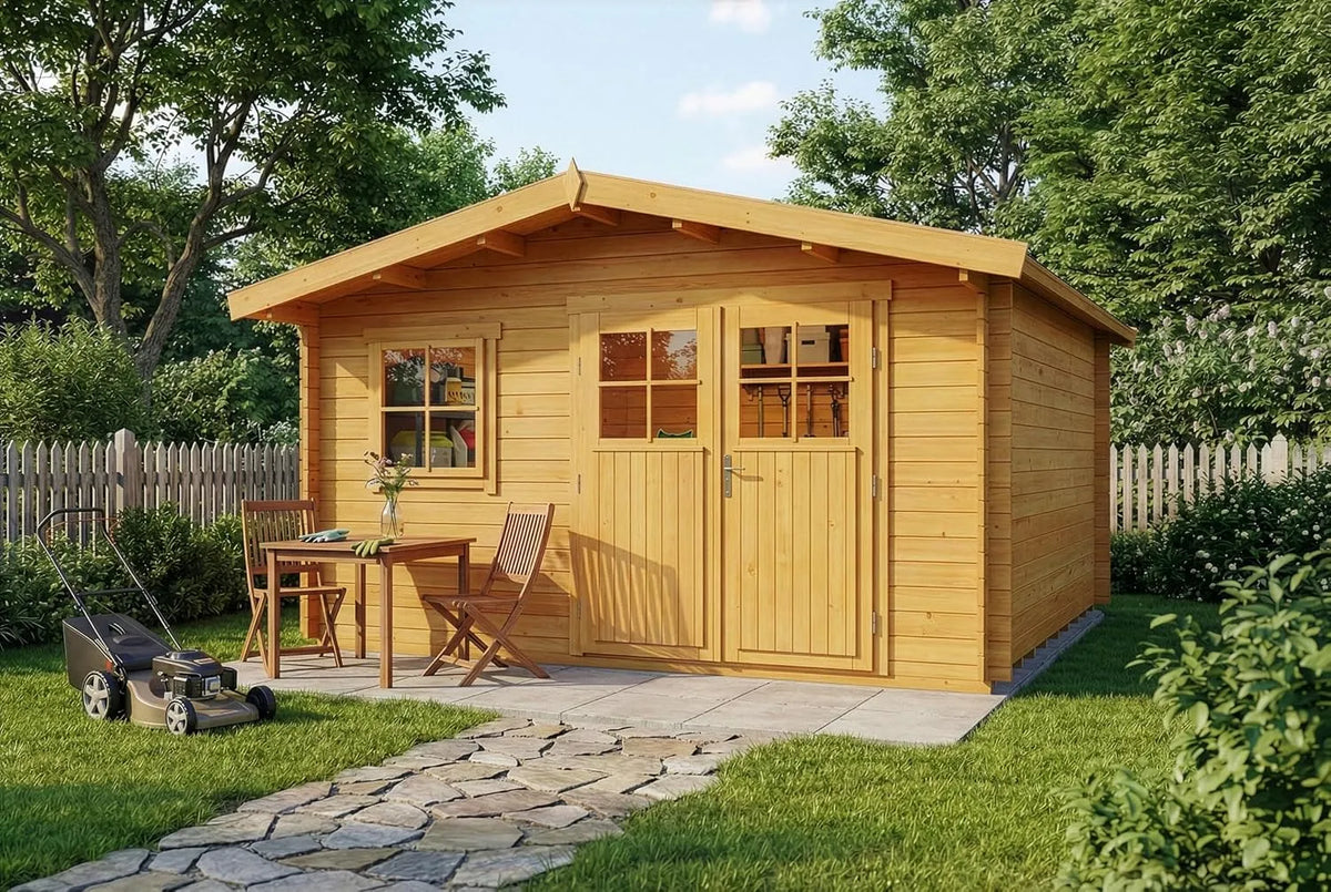 Gartenhaus Valeria-28, 28 mm Wandstärke, mit Fußboden aus Holz, Gerätehaus 438x427, 14,3 m², Pinie