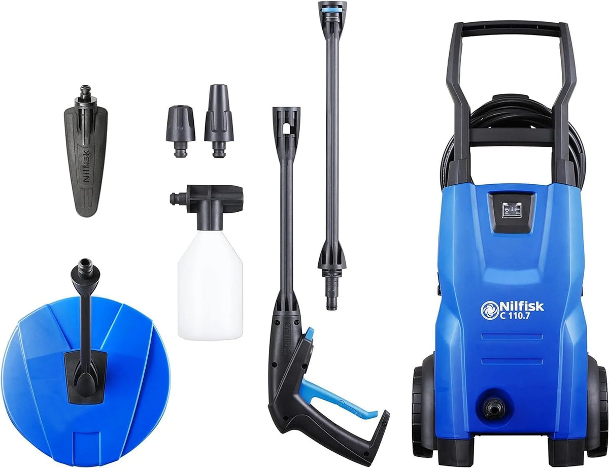 Nilfisk Hochdruckreiniger, C 110 Bar + Schaumsprüher + Kompakt-Flächenreiniger + Bürste, Leistung 1400 W, Mini Pressure Washer Für Terrassen
