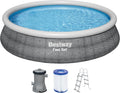 Bestway Pool, Komplett-Set mit Filterpumpe, Maße 457 x 107 cm, Fast Set, graue Rattan-Optik, rund