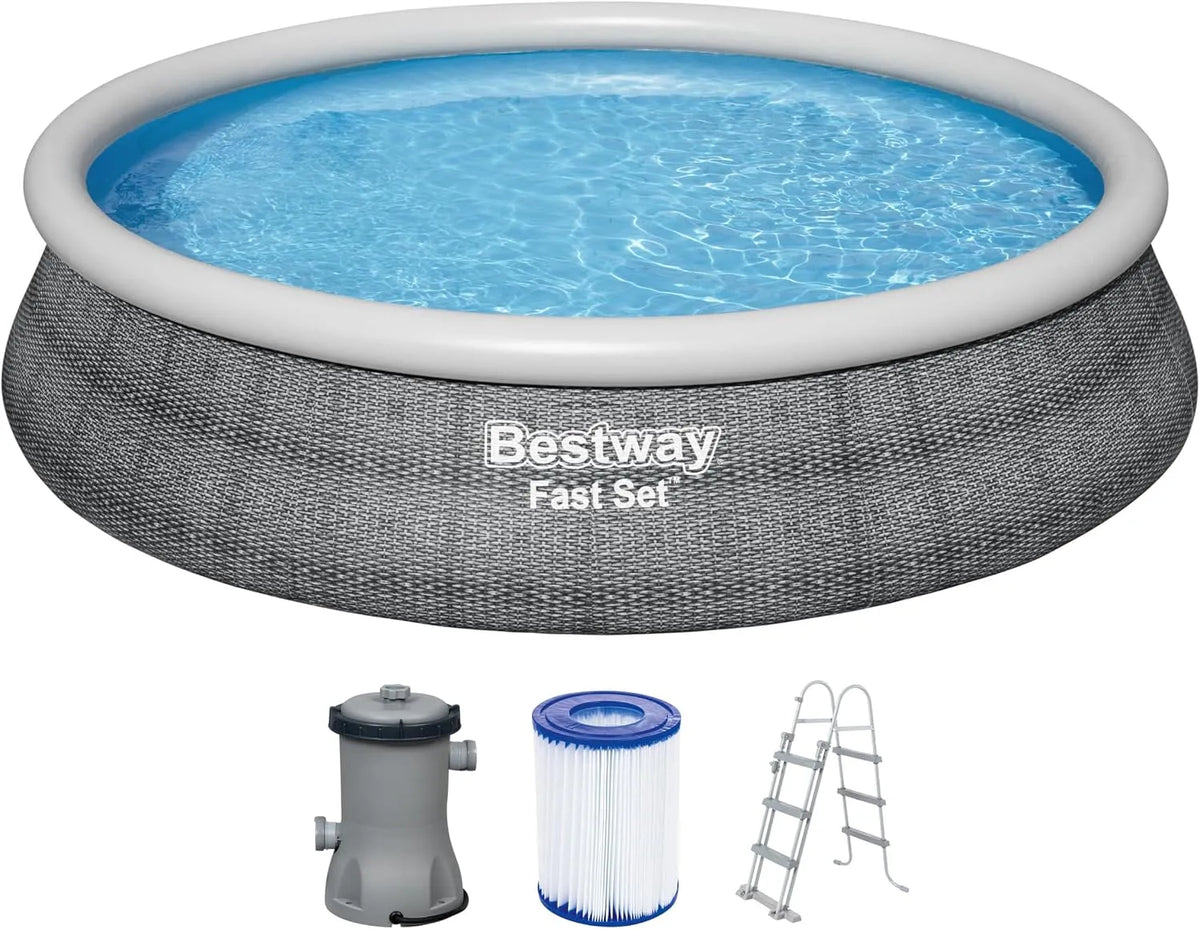 Bestway Pool, Komplett-Set mit Filterpumpe, Maße 457 x 107 cm, Fast Set, graue Rattan-Optik, rund