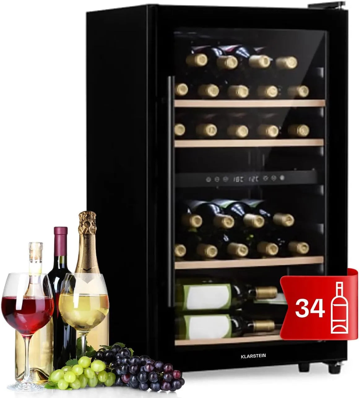 Klarstein Kühlschrank, 5-18°C, Weinkühlschrank Klein, Getränkekühlschränke in freistehender Ausführung, 2 Zonen mit Glastür, 34 Flaschen