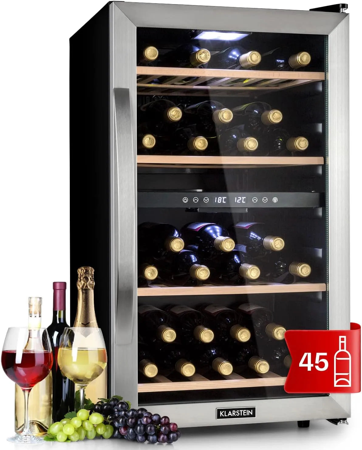 Klarstein Kühlschrank, 5-18 °C, Getränkekühlschrank Schmal, Getränkekühlschränke in freistehender Ausführung, UV-Schutz, Weinkühlschränke 2 Zonen