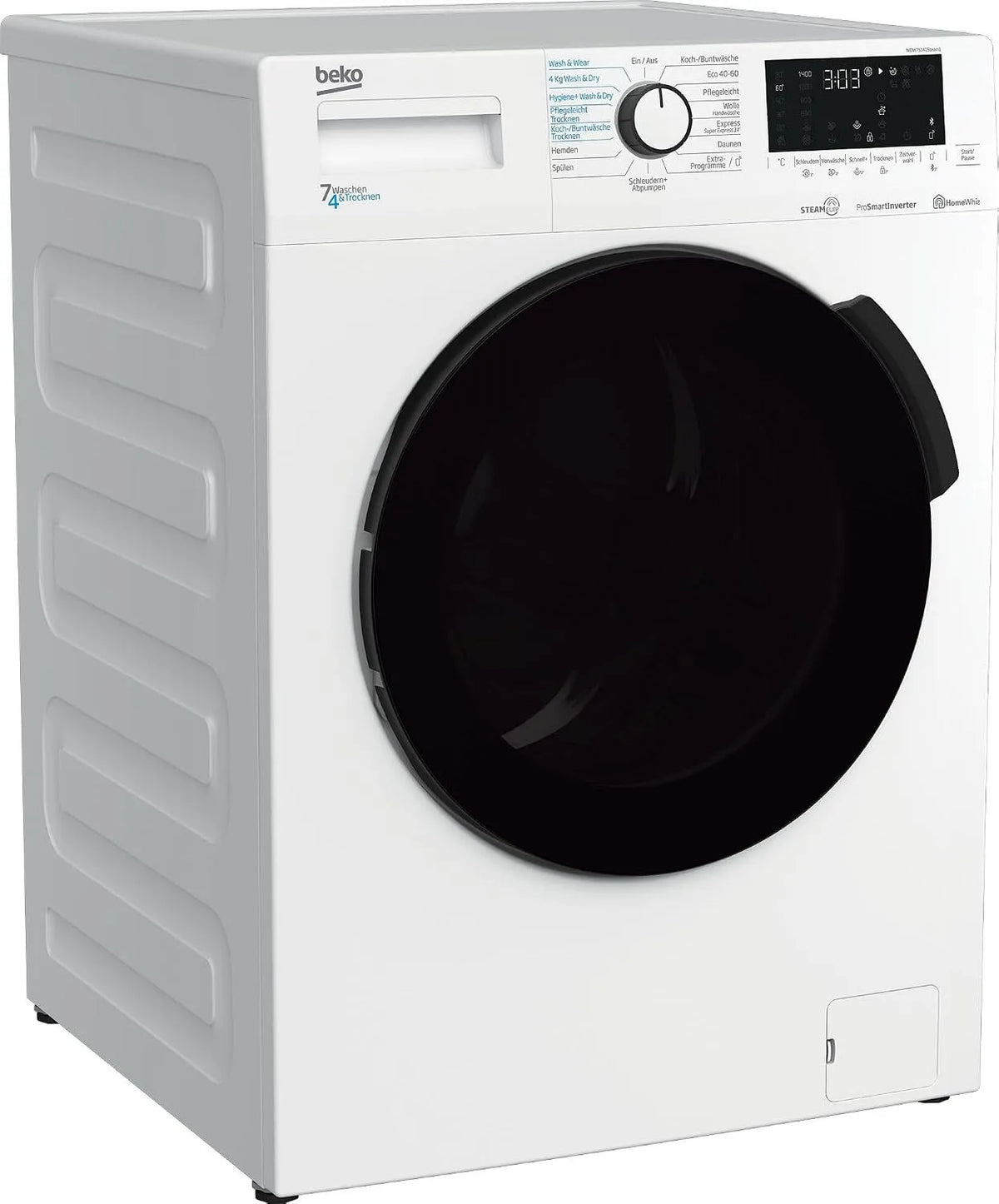 Beko Waschtrockner WDW75141Steam1, Gewicht 7 kg Waschen, Gewicht 4 kg Trocknen, Wasserkondensation, schwarze XL-Tür, Bluetooth, Dampffunktion