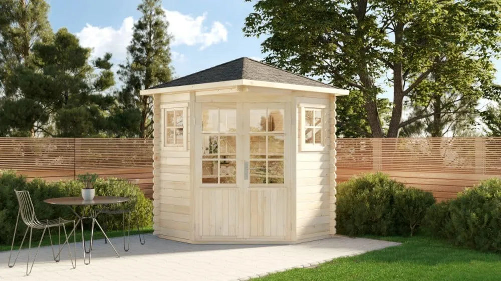Gartenhaus, 5-Eck Modell Sunny-A aus Holz in Naturbelassen, Holzhaus mit 28 mm Wandstärke, Größe: 200 x 200 cm