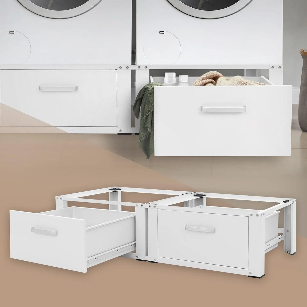 Waschmaschine, ML-Design Doppel Waschmaschinen Untergestell mit 2 Schubladen, Maße 128x53,5x31,5 cm, Stahl, Weiß