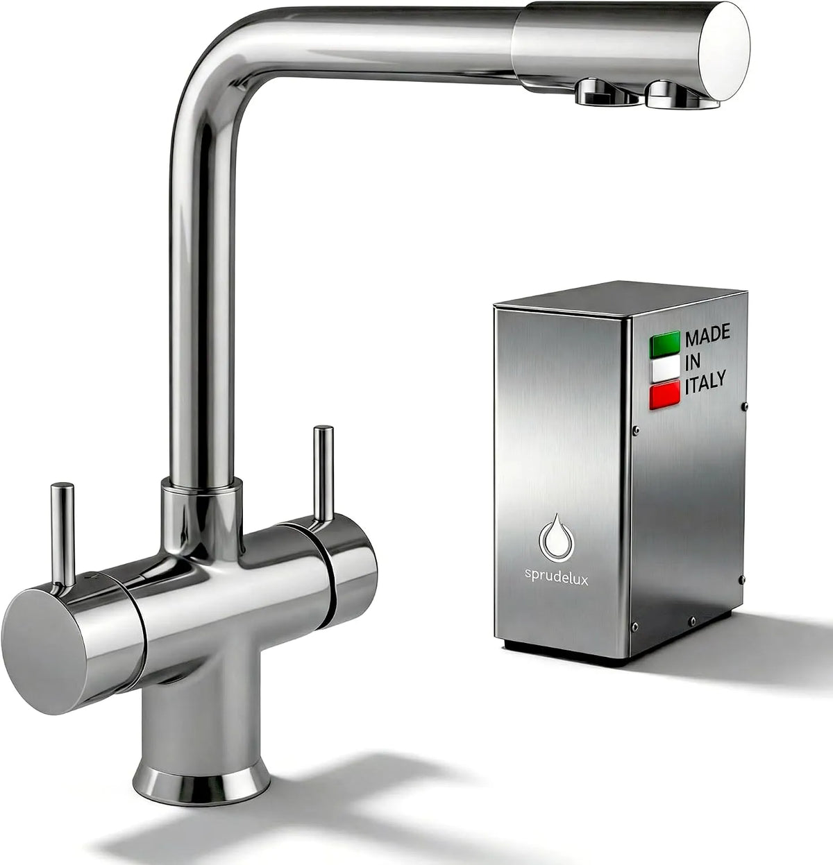 Modell Untertisch-Trinkwassersystem 5-Wege-Armatur SPRUDELUX INOX, stilles, Made in Italy, inklusive. 2 kg CO₂-Flasche, gekühltes & sprudelndes Wasser