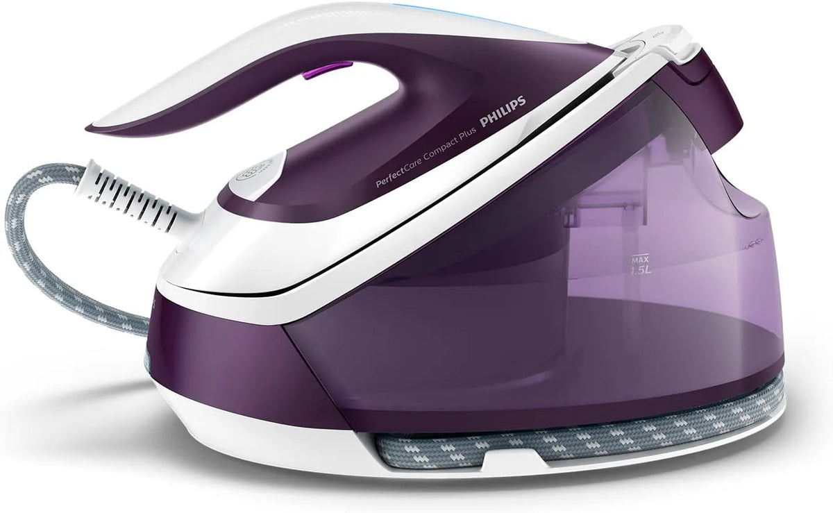 Philips Pumpe GC7933/30, Leistung 2.400W, mit max. 6,5 Bar, Dampfbügelstation PerfectCare Compact Plus, 450 g Dampfstoß, Min., Vertikaldampf, lila