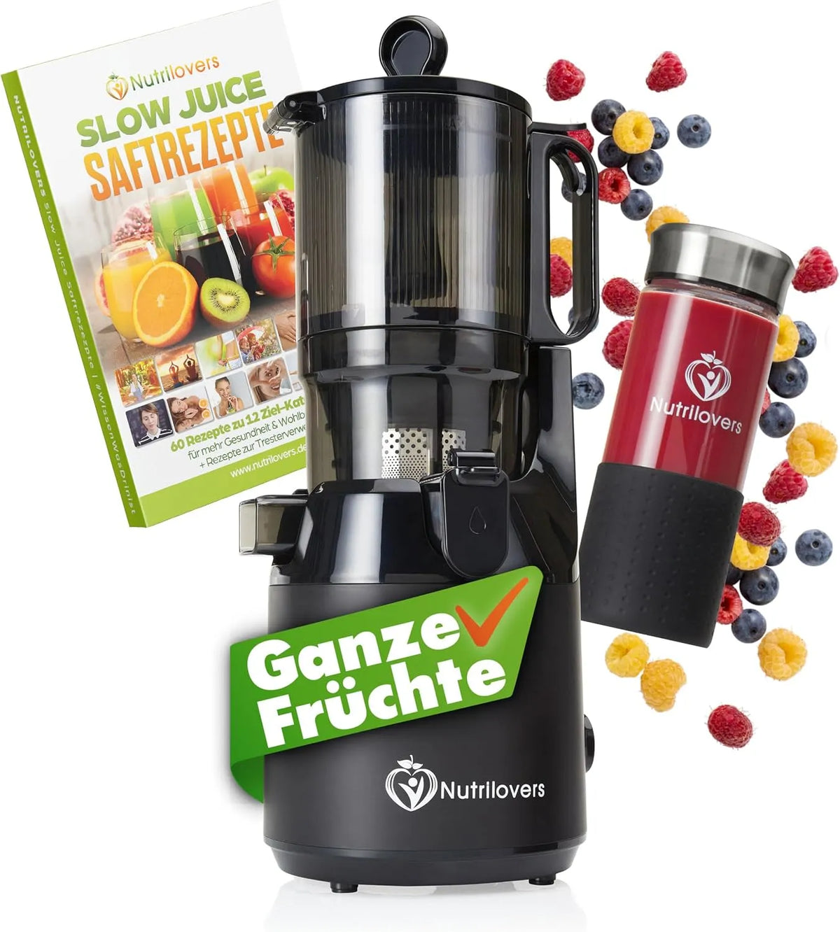 Entsafter Nutrilovers, Slow Juicer NUTRI-PRESS MAX Ganze Früchte entsaften mit XXL 135 mm Öffnung, BPA-frei inklusive. Saft-Flasche