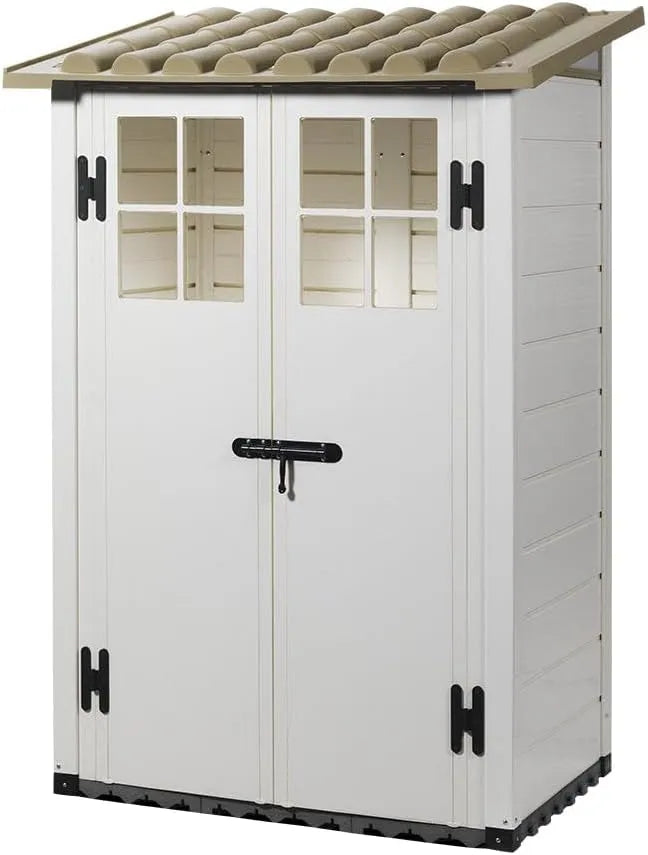 Gartenhaus, Tuscany Evo 100, 95x139x201 cm I Schmales Gerätehaus aus wetterfestem PVC-Kunststoff I, Mit 1 Tür, Fenstern und Boden I Beige, Taupe