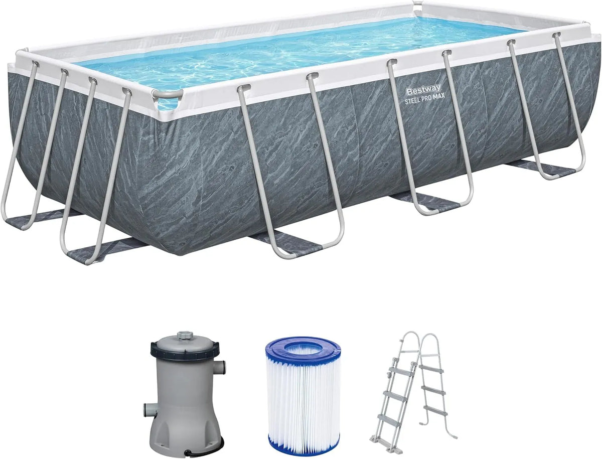 Bestway Pool, Power Steel Frame Set mit Filterpumpe 404 x 201 x 100 cm, Marmor-Optik, Schiefergrau, eckig