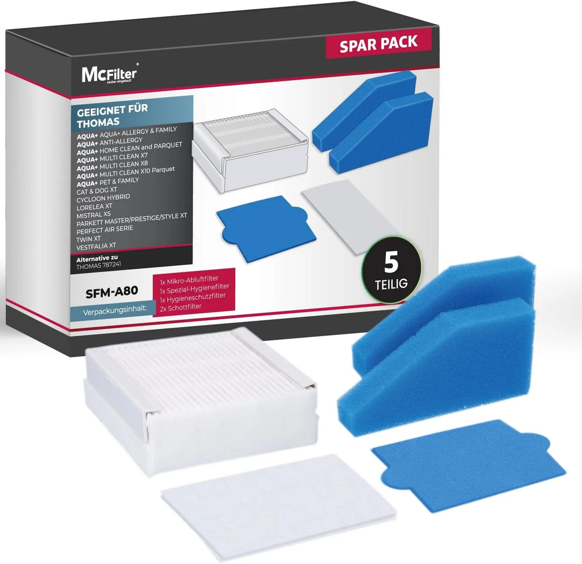 Modell X10 787241 McFilter, MULTI CLEAN X7 X8, CAT & DOG XT, ANTI-ALLERGY, PARKETT, 5-teiliges Filter-Set geeignet für THOMAS AQUA+ PET & FAMILY