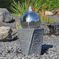 Modell Springbrunnen SB17-2 CLGarden Granit, mit LED Beleuchtung Garten Wasserspiel, mit Säule und Edelstahl Kugel Gartenbrunnen Set Stein
