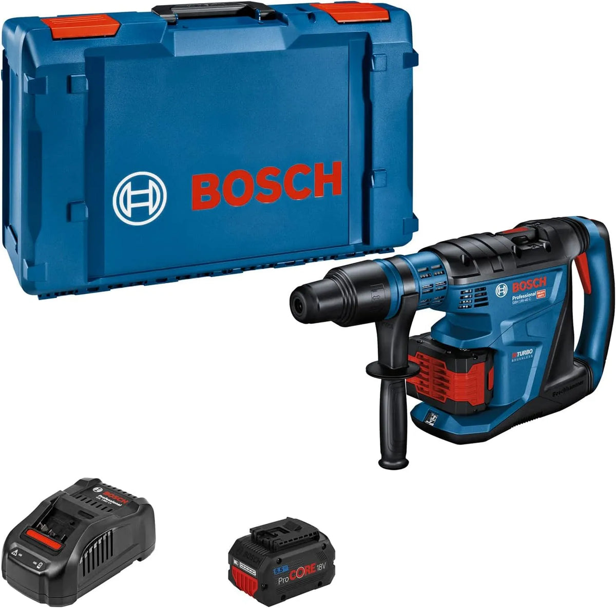 Bosch Modell 18V-40 5.5.Ah GAL 1880 CV, inklusive. 2x Akku ProCORE, Schnellladegerät, Fetttube, Professional 18V System BITURBO Akku Bohrhammer GBH C