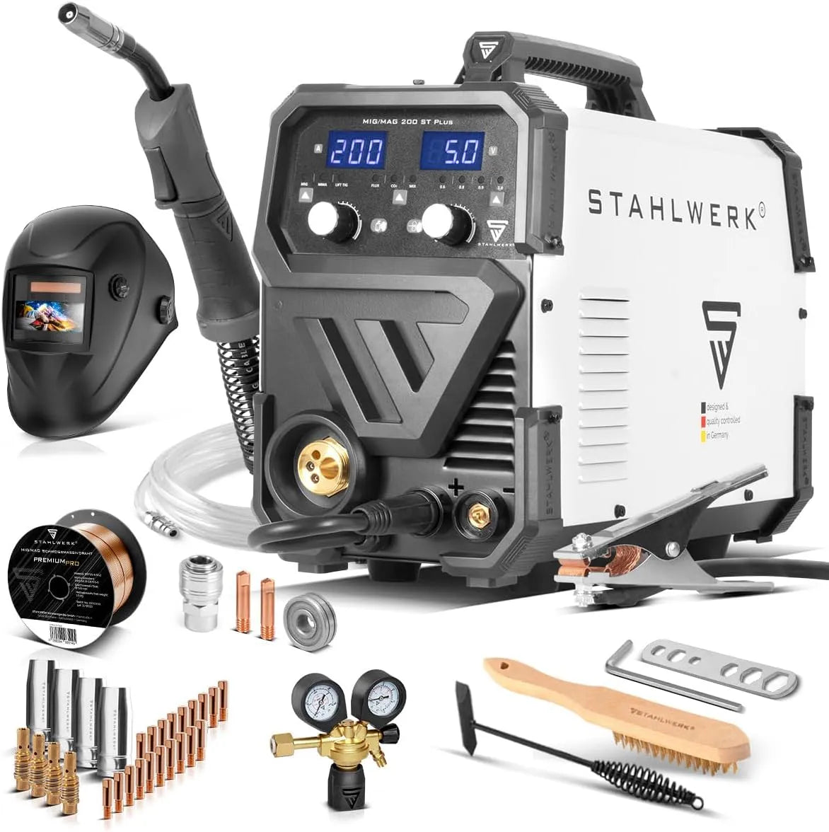 STAHLWERK Schutzgasschweißgerät MIG MAG 200 ST, FLUX, geeignet, E-Hand, funktionsfähig, IGBT-Inverter mit 200 A und synergischem Drahtvorschub, ARC