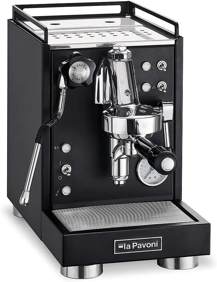 Kaffeemaschine LPSMCB01EU 9-l-Tank 58-mm-Filterhalter, Leistung 1400 W, und 1/2-Tassen-Filter, La Pavoni Mini Cellini, Schwarzer Stahl, Einzelboiler