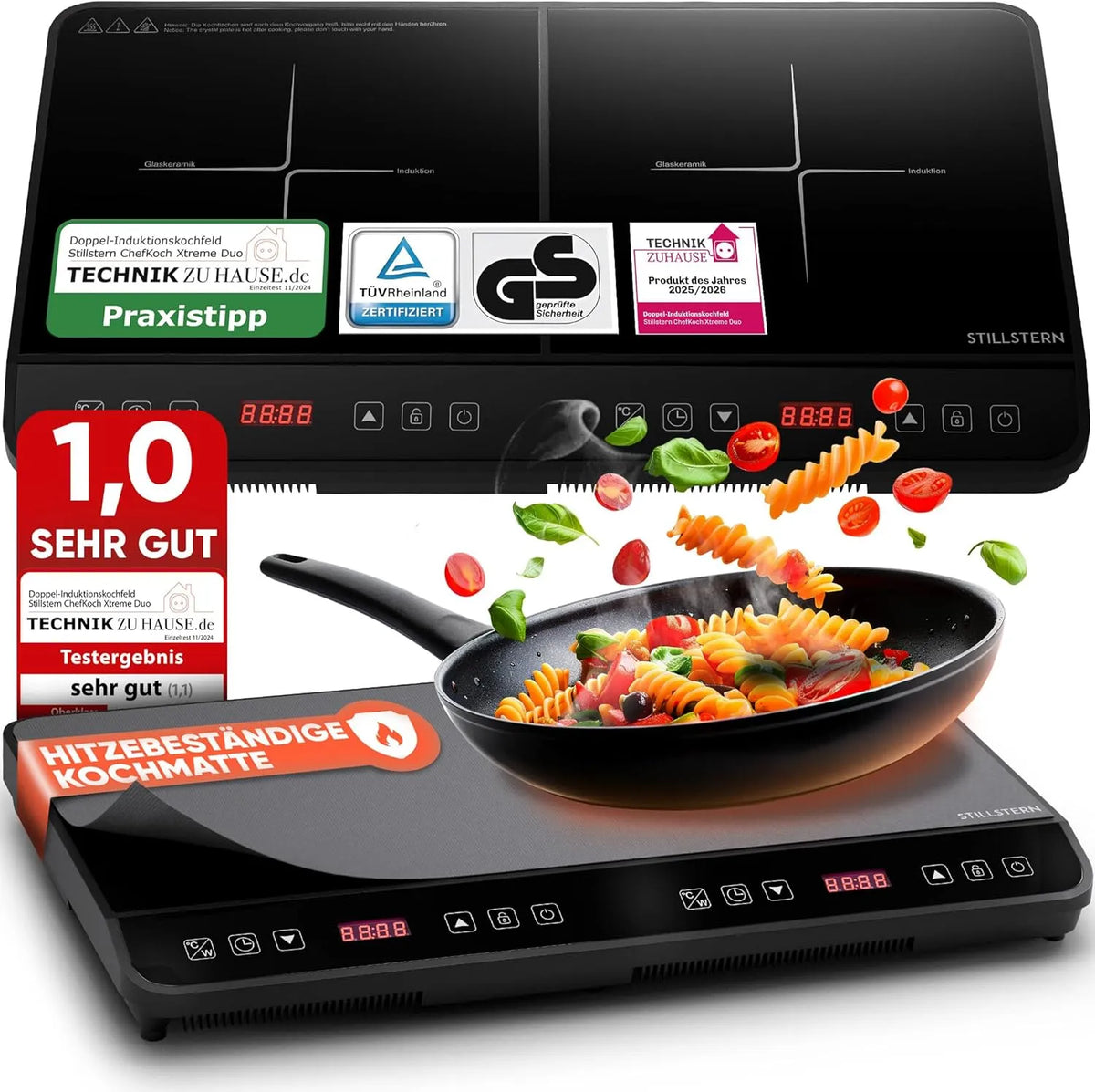 Induktionskochfeld 12-28cm 24h 2er Stillstern Doppel, Leistung 3600W, 2 Platten Herdplatte mit Lautlos-Funk. & Turbo-Boost, 18 Temp. & Leistungsstufen