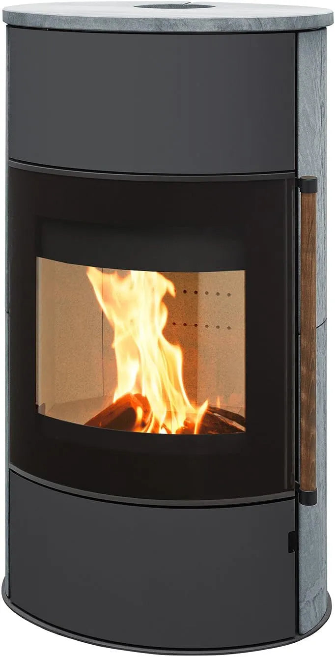Kaminofen H&M Germany, Mango 2.0 gussgrau Speckstein 8kw Holzofen Speicher modern große Sichtscheibe aufgesetzt 8kw grauer stahlkorpus