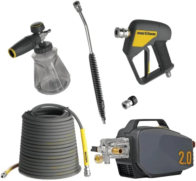 Active 2.0 Pressure Washer with Accessory Kit, 15m Steel-Braided Hose, 4 Düsen, Foam Cannon, Swivel Gun & Lance