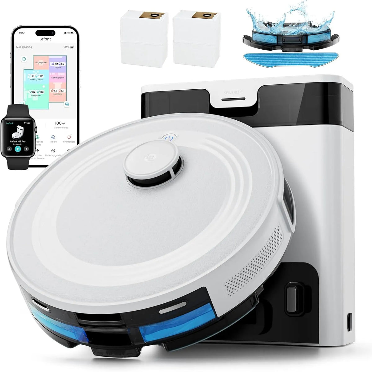Saugroboter 6000, LEFANT M2 Pro mit Wischfunktion, Staubsauger Roboter mit Automatischer Staubentleerung, Pa, LiDAR-Navigation Mapping