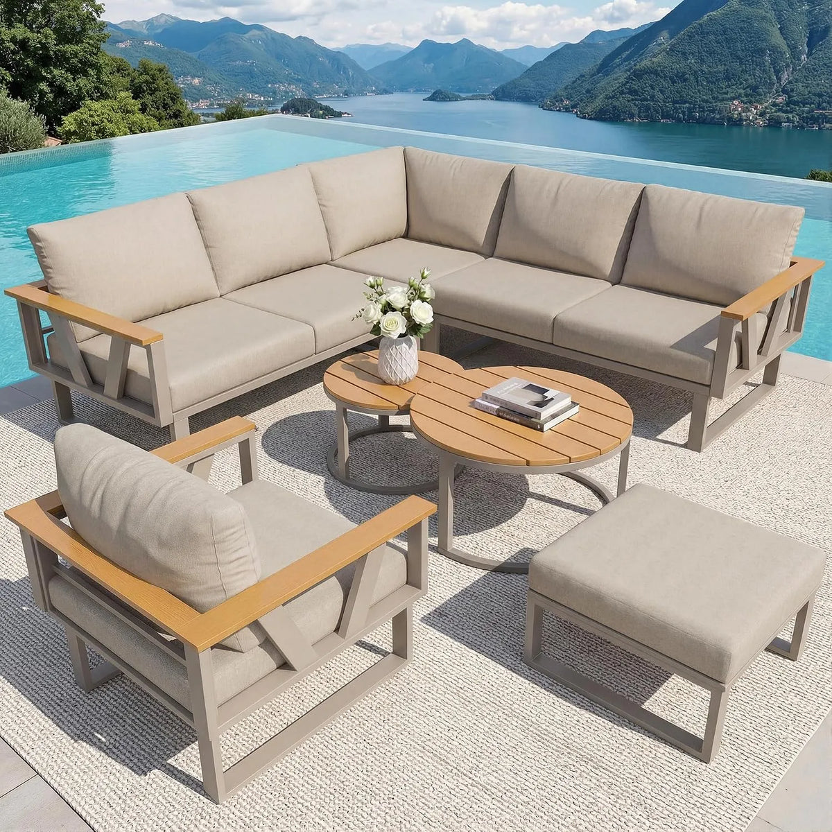 Sofa 7-Personen/Mit, Maße 177x177x79cm, Set mit Holzarmlehnen, Wetterfeste Eckgarnitur & Liege aus Eisen, inklusive. Holztisch, Mit Polstern, Beige