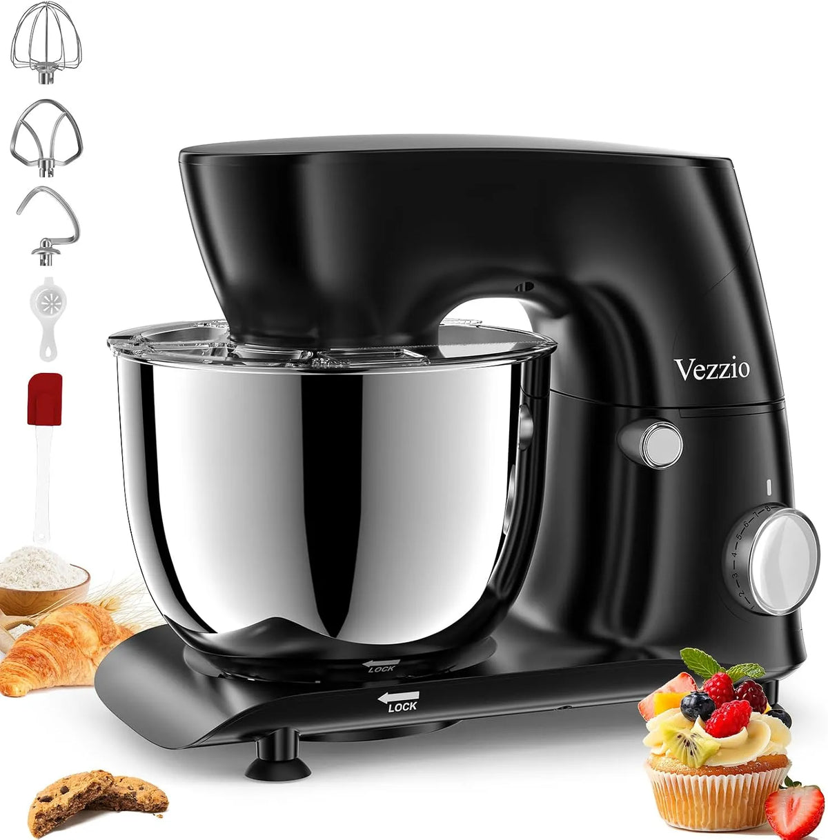 Küchenmaschine Vezzio Knetmaschine, 10 Geschwindigkeit Planetarisches Rührsystem, Fassungsvermögen 5.5L, zum Backen, Schlagbesen, Spritzschutz