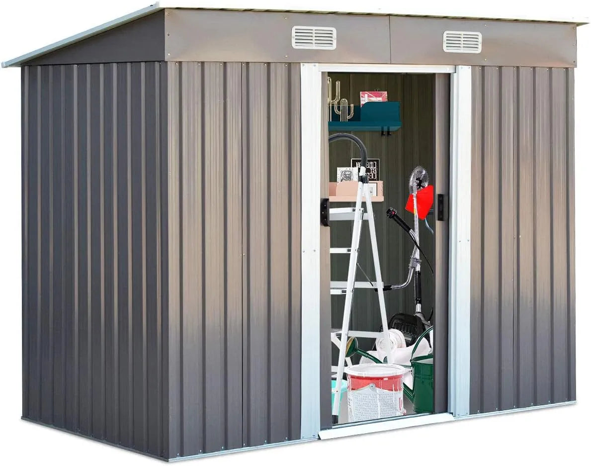 Goplus Gerätehaus, Metall 238 x 131 x 181 cm, Geräteschuppen mit 2 Schiebetüren & 4 Lüftungsfenster & Pultdach, Gartenhaus für Garten Hof