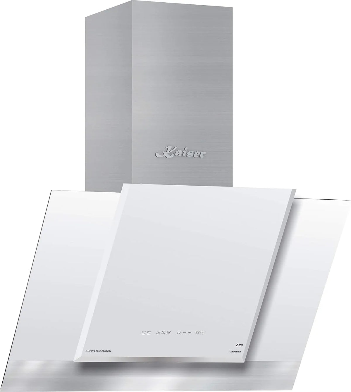 Dunstabzugshaube 8438, Edelstahl Weiß Glas Wandhaube 910m³, Kaiser Weiß ECO Luxus kopffrei 80 cm kopffrei, 910m³/h, Randabsaugung, Timer, Abluft
