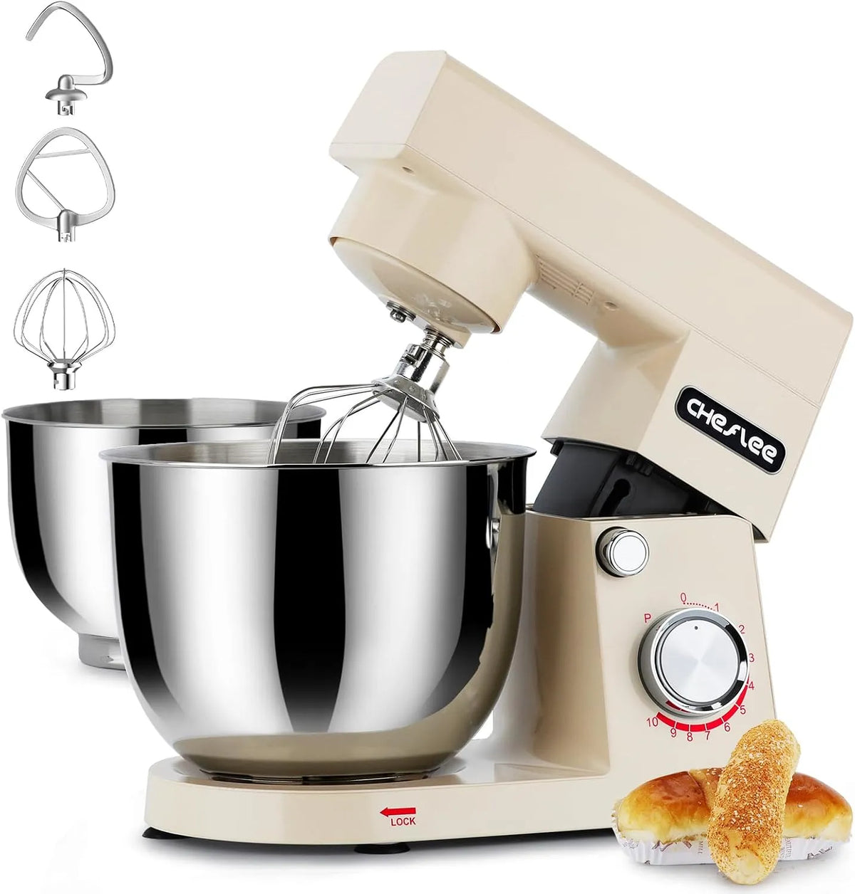 Küchenmaschine 10+P CHeflee, mit 4,5 und 5,5L Edelstahlschüssel Geschwindigkeit Küchenmixer, Leistung 1500W Teigkneter, mit Rührhaken, Knethaken