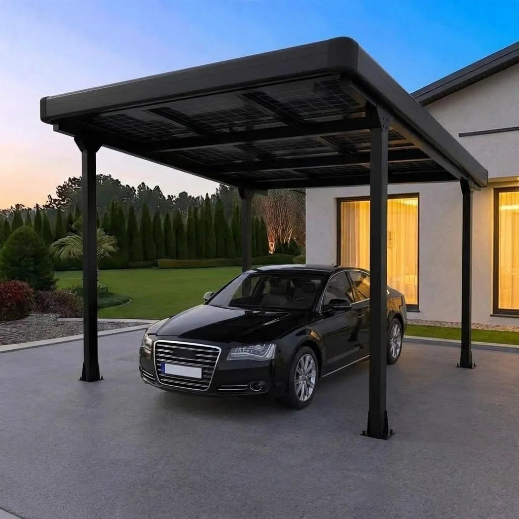 Carport Einzelcarport, in Schwarz, für EIN Auto mit Umrandung + Regenrinne